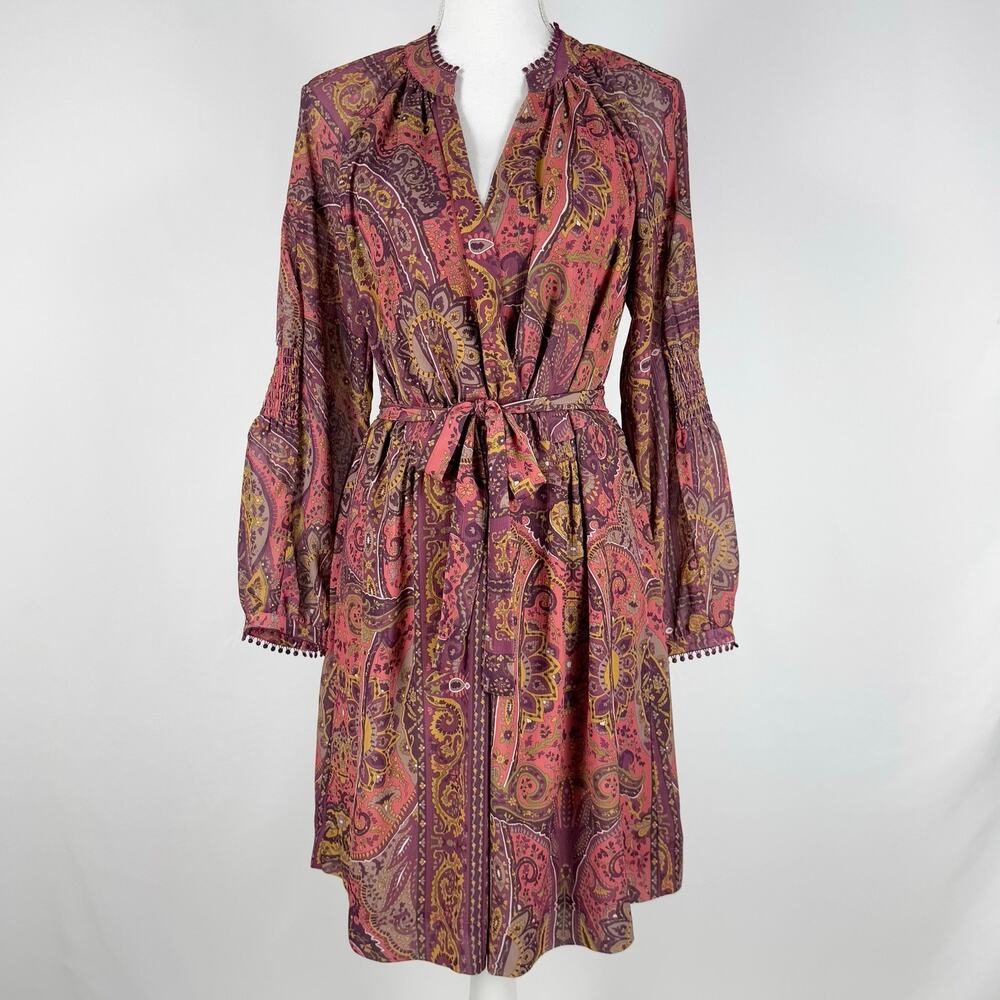 Anthropologie Tiny Odetta Paisley Boho Belted Dress Womens XS Orange Festival
